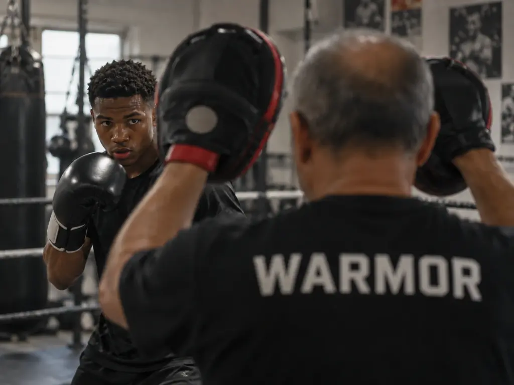 Boxen und Kampfsporttraining in Dormagen. Trainer und Schüler an der Pratze